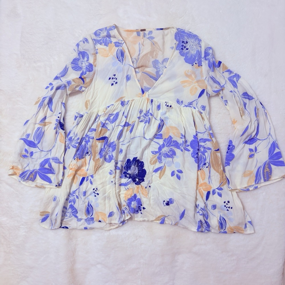 FREE PEOPLE Bella Tunic Top Ivory Blue Floral Print V-neck Babydoll Size XS - Picture 5 of 7